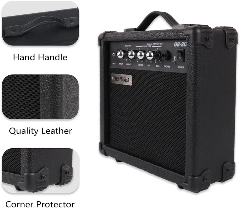 demusea Electric bass Amplifier 20w bass amp Black Color Treble Middle bass and mp3 Portable Size with noiseness Cable Picks 6.5''into3.5'' Adapter Easy for Travel Practice for Beginner Starter (Blck) - Image 4